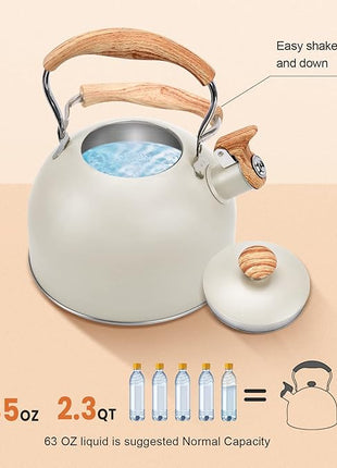 Tea Kettle Stovetop, 2.6Qt Whistling Tea Pots for Stove Top, Heat-resistant Folding Handle，Cute Teapot(Beige)