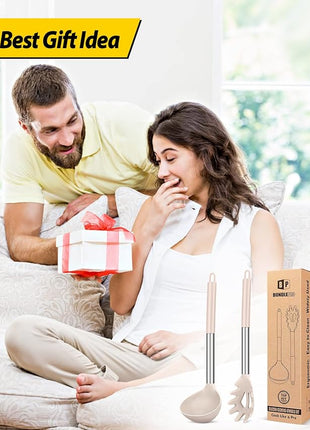 Silicone Pasta Fork and Ladle Spoon Set, Large Non Stick Kitchen Utensils for Cooking,Stirring,Serving Spaghetti, Soup, Sauce (KHAKI)