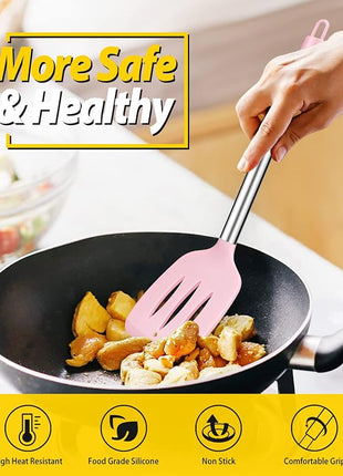 Pack of 4 Silicone Cooking Utensils Set, Non Stick Large Solid Spatulas, Heat Resistant Pink Slotted Spoons, Ideal BPA Free Kitchen Turners for Frying, Mixing,Serving,Draining,Turning,Stirring
