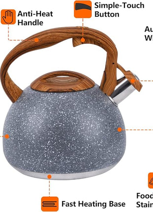 Tea Kettle, 3.2 Quart Whistling Tea Kettle Stovetop, Tea Pots for Stove Top Food Grade Stainless Steel with Wood Pattern Handle, Grey Teapot