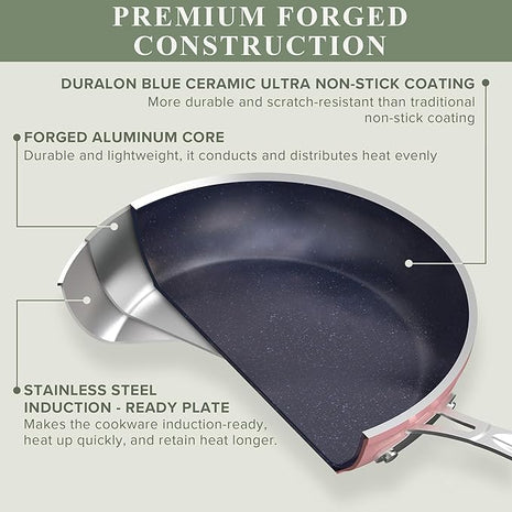 Nuwave Healthy Duralon Blue Ceramic Nonstick Cookware Set, Diamond Infused Scratch-Resistant, PFAS Free, Dishwasher & Oven Safe, Induction Ready & Evenly Heats, Tempered Glass Lids & Stay-Cool Handles