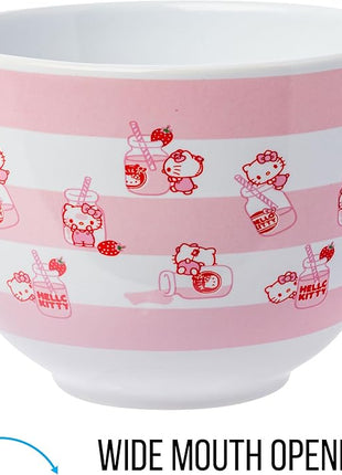 Silver Buffalo Sanrio Hello Kitty Strawberry Milk Pattern Ceramic Ramen Noodle Rice Bowl with Chopsticks, Microwave Safe, 20 Ounces