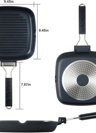 SKITCHN Grill Pan With Folding Handle, Nonstick for Stove Tops, Induction Compatible KBBQ With Pour Spouts, Indoor Square BBQ Grilling - 9IN
