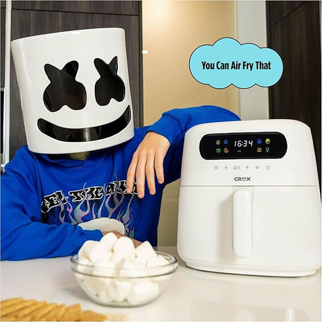 CRUX x Marshmello 3.0 QT Digital Air Fryer with TurboCrisp Technology, Touch Screen Temperature Control, Timer and Auto Shut-off, Fully Programmable, Silicone Cupcake Molds Included, White