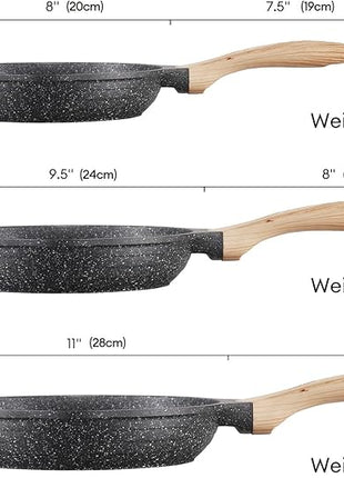 JEETEE Nonstick Frying Pans Set, Nonstick Omelette Skillet Set 3 Pcs, 8" 9.5" 11" Granite Non-Stick Frying pan with Bakelite Handle, Compatible with All Stovetops (Gas, Electric & Induction), Grey