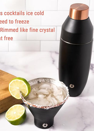 Snowfox Premium Vacuum Insulated Stainless Steel 22oz Cocktail Shaker and 4 Martini Glass Set, Home Bar Accessories, Elegant Drink Mixer, Leak Proof Lid & Built In Strainer, Gift Box, Black/Gold