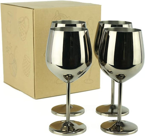 PG Set of 4 Stainless Steel Wine Glasses - 18.5oz Black Unbreakable Stem Metal Wine Goblets