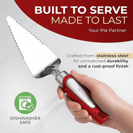 Orblue Pie Server, Essential Kitchen Tool, Serrated on Both Sides, Great for Right or Left Handed Chef, Stainless Steel Flatware, Cake Cutter, Red