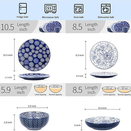 Selamica Ceramic Plates and Bowls Sets, 32 Pieces Dinnerware Sets for 8, Scratch Resistant Embossed Dishes Set for Family Gatherings, Dishwasher & Microwave Safe, Dark Blue