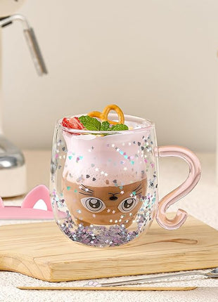 Gifts for Women Cat Gifts Double Walled Glass Coffee Latte Cup Cute Stuff Cat Mug Gifts for Her Christmas Stocking Fillers,Birthday,Valentines,Halloween Presents for Women,Kid,Mum,Teacher