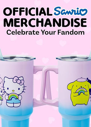 Silver Buffalo Sanrio Hello Kitty and Friends Featuring My Melody, Kuromi, and Pompompurin Rainbow Ombre Stainless Steel Tumbler with Handle and Straw, Fits in Standard Cup Holder, 40 Ounces