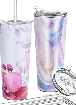 THILY Stainless Steel Vacuum Insulated Tumbler 26 oz Triple-Insulated Travel Mug with Splash-Proof Lid, for Iced Coffee and Hot Beverage, Pink Ripple + Lotus Flower