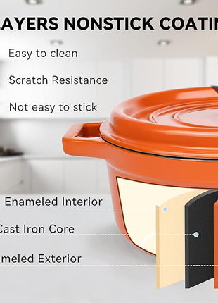 Miereirl 6.5 Quart Enameled Dutch Oven Pot with Lid, Cast Iron Dutch Oven with Dual Handles for Bread Baking, Cooking, Non-stick Enamel Coated Cookware (Orange)