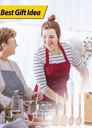 Pack of 4 Silicone Cooking Utensils Set, Non Stick Large Solid Spatulas, Heat Resistant Rose Gold Khaki Slotted Spoons, Ideal BPA Free Kitchen Turners for Frying, Mixing,Serving,Draining,Turning