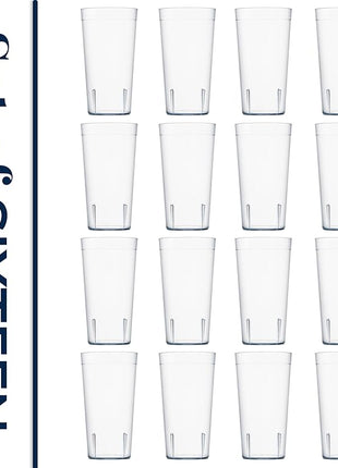 US Acrylic Cafe Plastic Reusable Tumblers (Set of 16) 20-ounce Water Cups in Clear | Value Set of Restaurant Style Drinking Glasses, Stackable, BPA-free, Made in the USA | Top-rack Dishwasher Safe