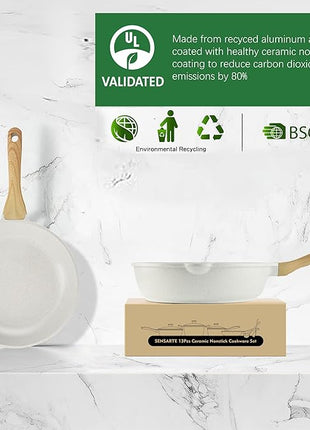 SENSARTE Nonstick Ceramic Cookware Set 13-Piece, Healthy Pots and Pans Set, Non-toxic Kitchen Cooking Set with Stay-Cool Handles, Silicone Tools and Pot Protectors, PFAS and PFOA Free