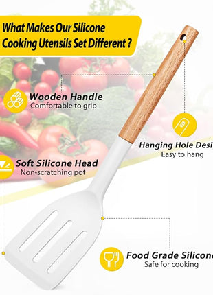 Pack of 4 Silicone Cooking Utensils Set, Non Stick Solid Spatulas and Heat Resistant Slotted Spoons with Wooden Handle, Ideal Wood Kitchen Utensils Set for Frying,Serving,Turning,Stirring (WHITE)