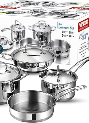 Vinod Classic Deluxe Stainless Steel Cookware Combo Set of 4 Pcs/Saucepan, Saucepot, Kadai and Frypan/Deep Kadhai for Cooking/Heavy Induction Bottom