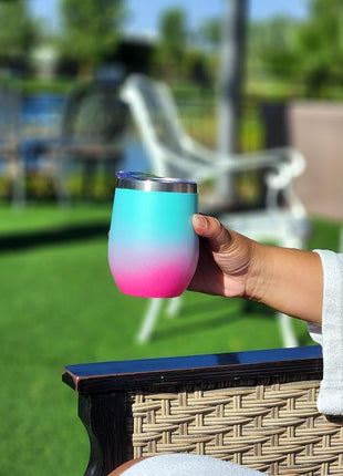 CHILLOUT LIFE 12 oz Stainless Steel Wine Tumbler with Lid - Double Wall Vacuum Insulated Wine Cup Glass Keeping Cold & Hot for Coffee, Champagne, Cocktails, Ice Cream - Powder Coated Aqua Blue/Pink