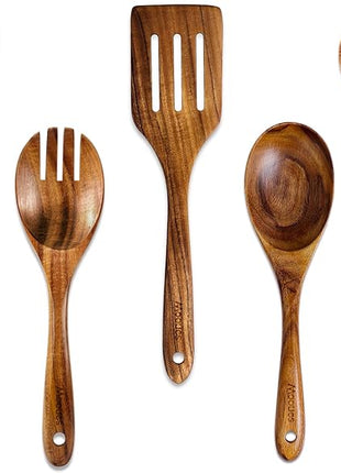 Wooden Spoons for Cooking, 5 Pcs Wooden Utensils for Cooking Natural Teak Wooden Kitchen Utensils Set