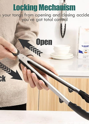 Tongs for Cooking, 12" Kitchen Tongs with Silicone Tips, Food Grade Serving Tongs Set of 3, Black