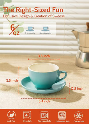 Sweese 6 Ounce Cappuccino Cups with Saucers, Porcelain Double Espresso Cups Set of 6 - Hot Assorted Colors