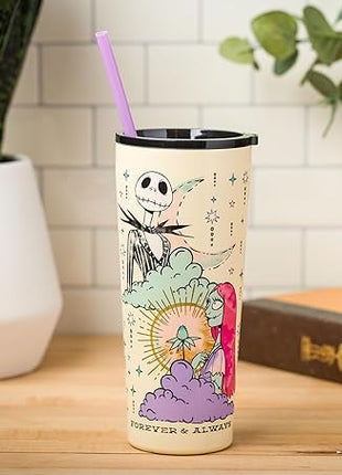 Silver Buffalo Disney Tim Burton's Nightmare Before Christmas “Forever and Always” Featuring Jack Skellington and Sally Double Walled Stainless Steel Tumbler with Straw, 22 Ounces