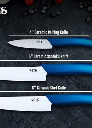 Vos Ceramic Knife Set in Elegant Gift Box, Ceramic Knives Set For Kitchen, Ultra Sharp Kitchen Knife Set with Covers, 4" 5" 6" Paring, Santoku & Chef Knife, Lightweight, Dishwasher safe (Blue Handle)