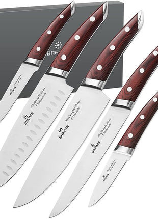 Brewin CHEFILOSOPHI Japanese Chef Knife Set 5 PCS with Elegant Red Pakkawood Handle Ergonomic Design,Professional Ultra Sharp Kitchen Knives for Cooking High Carbon Stainless Steel