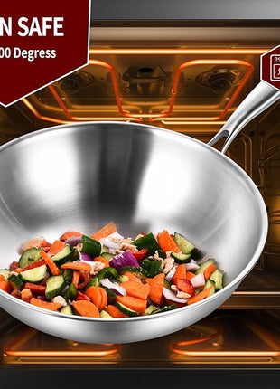 LOLYKITCH 12 Inch Tri-Ply Stainless Steel Wok Pan with Lid,Induction Stir-Fry Pan,Dishwasher and Oven Safe,Heavy Duty and Detachable Handle
