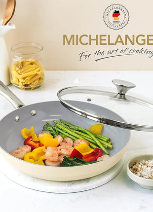 MICHELANGELO Non Stick Frying Pans - 10 Inch Frying Pan Nonstick with Lid, Nonstick Skillet with Lid, Non Toxic Frying Pan, Ceramic-Coated, Beige