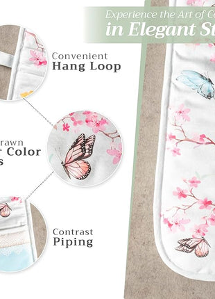 Maison d' Hermine Double Oven Mitts 100% Cotton 7"x35" Double Oven Mitt Heat Resistant BBQ Cooking Gloves with Loop, Baking, Grilling, Kitchen, Handling Hot Pans Spring Summer (Blossoms in Spring)