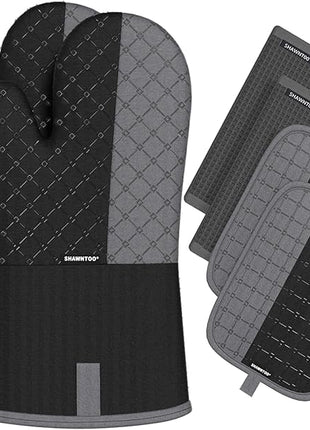 Oven Mitts and Pot Holders Sets 6pcs, Kitchen Oven Glove,High Heat Resistant 550 Degree Extra Long Oven Mitts and Potholders with Non-Slip Silicone Surface for Home Essentials (Grey) (Matte Black)