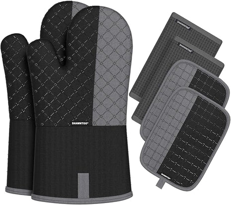 Oven Mitts and Pot Holders Sets 6pcs, Kitchen Oven Glove,High Heat Resistant 550 Degree Extra Long Oven Mitts and Potholders with Non-Slip Silicone Surface for Home Essentials (Grey) (Matte Black)