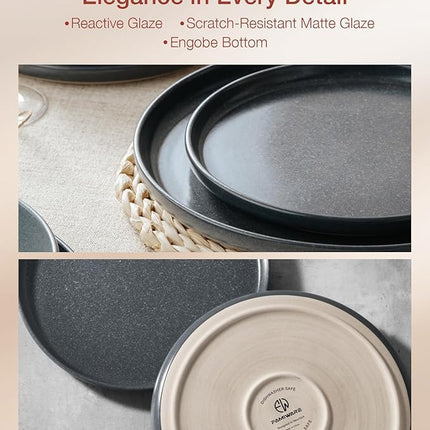 Famiware Milkyway Stoneware Dinnerware Sets with Pasta Bowls, Service for 4 (16 Pieces), Reactive Glaze Plates and Bowls Sets, Microwave and Dishwasher Safe Dishes Set, Matte Dark Charcoal