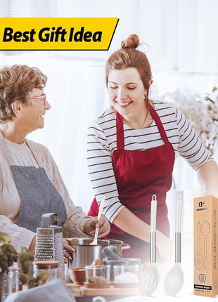 Pack of 2 Large Silicone Cooking Spoons,Non Stick Solid Basting Spoon,Heat-Resistant Kitchen Utensils for Mixing,Serving,Draining,Stirring (WHITE)