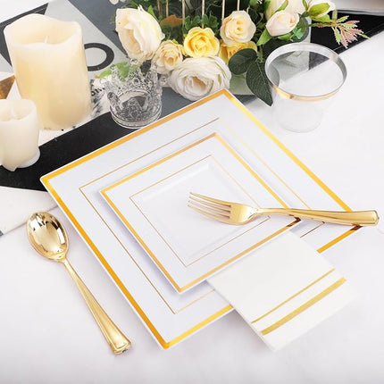Festiva 176Pcs Gold Plates Disposable - Square Party Plates Dinnerware Sets - include Cups,Plastic Cutlery,Hand Napkins，Tablecloth for 25 Guests Party&Wedding&Christmas&Thanksgiving