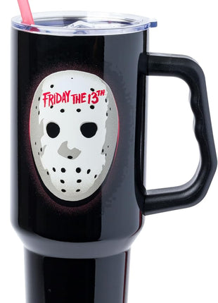 Silver Buffalo Friday The 13th Stainless Steel Tumbler with Handle Featuring Jason Voorhees’s Mask, Fits in Standard Cup Holder, 40 Ounces
