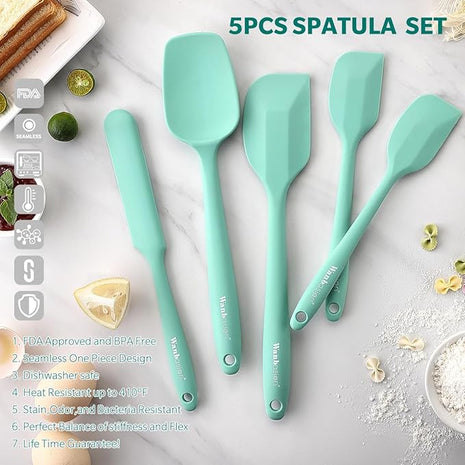 Wanbasion 5 Piece Premium Silicone Spatula Set Heat Resistant, Colorful Rubber Baking Spatula Set, Kitchen Spatula Set Dishwasher Safe for Nonstick Cookware Cooking Mixing Light Green