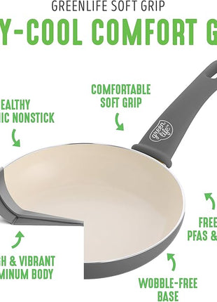 GreenLife 16 Piece Nonstick Cookware Set, Soft Grip Non-Toxic PFAS-Free Ceramic Pots & Pans, Dishwasher & Oven Safe, Frying, Sauce, Saute, Utensils, Glass Lids, Stay-Cool Handles, Wobble Free, Gray