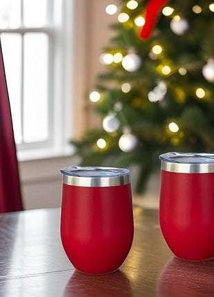 CHILLOUT LIFE 12 oz Stainless Steel Wine Tumblers 2 Pack - Double Wall Vacuum Insulated Wine Glasses Cups with Lids and Straws Set Keeping Cold & Hot for Coffee, Beer, Ice Cream - Powder Coated Red