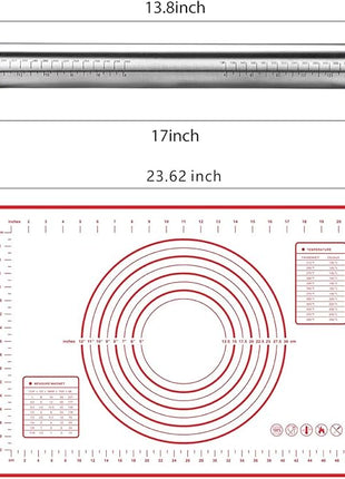 Stainless Steel Rolling Pin and Silicone Mat Set, Adjustable Thickness Rings - For Baking Dough, Pizza, Pies, Pastries, Pasta, Cookies