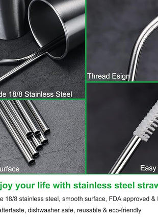 Vinaco Stainless Steel Straws Reusable, 12 Pack 8.5" & 10.5" Metal Straws 0.24" for 20 oz - 32 oz Tumblers, Long Drinking Straws with Cleaning Brush for Coffee, Juice, Cocktail and Hot Drinks