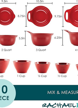 Rachael Ray Pantryware Nesting Mixing Bowls with Built-in spouts and Handles and Measuring Cups For Space-saving storage, Utensil Set, Dishwasher Safe, 10 Piece, Red