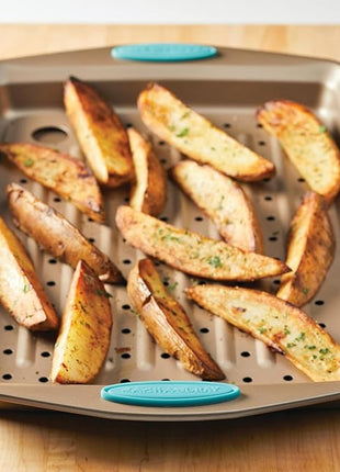 Rachael Ray Cucina Nonstick Bakeware Set with Grips, Nonstick Cookie Sheet / Baking Sheet and Crisper Pan - 2 Piece, Latte Brown with Agave Blue Handle Grips