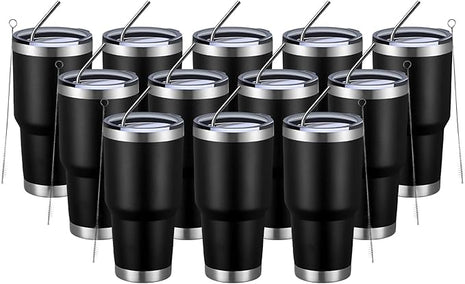 MEWAY 30oz Insulated Tumbler With Lids and Straws,Stainless Steel Double Vacuum Coffee Tumbler Cup, Brush, Durable Powder Coated Coffee Cup for Cold & Hot Drinks, Office, Travel(Black,12 PACK)