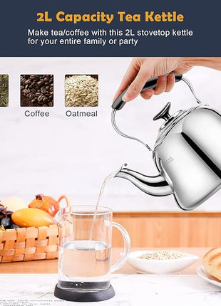 Tea Kettle Stovetop Whistling Teakettle ClassicTeapot Stainless Steel Tea Pots for Stove Top with Heat-resistant Folding Handle Mirror Finish, 2 liters