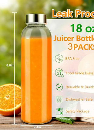 Zukro Glass Water Bottles with Lids 18 oz, 3 Pack Reusable Juice Bottles With Stainless Steel Airtight Cap for Juicing, Leak Proof Clear Drinking Jar Beverage storage container for Fridge, BPA Free
