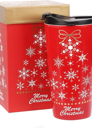 Topadorn Christmas Ceramic Mug Coffee Cup with Sealed Lid and Matched Gift Box Latte Mug 17oz(Snowflake)