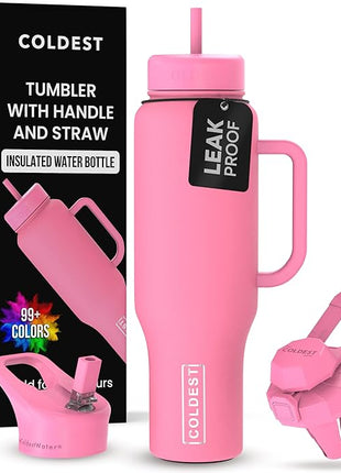 Coldest Tumbler with Handle and Straw, 100% Leak Proof Insulated Tumbler with Lid and Straw (3 Lids), Stainless Steel Tumblers for Women & Men, Cup Holder Friendly, 46 oz (Pink Perfection)